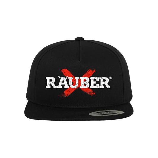 Schwarze Räuber Cap mit rotem X-Logo und weißem Schriftzug auf der Front